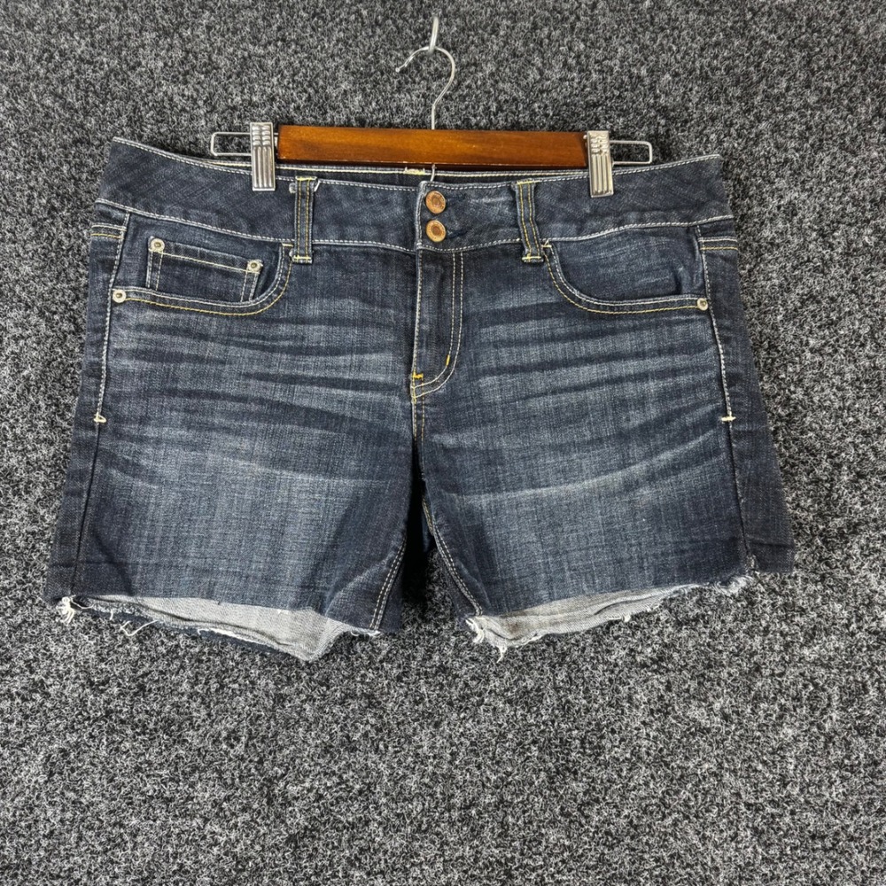 American Eagle Artist Dark Wash Raw Hem Stretch Denim Shorts Womens 12 Long